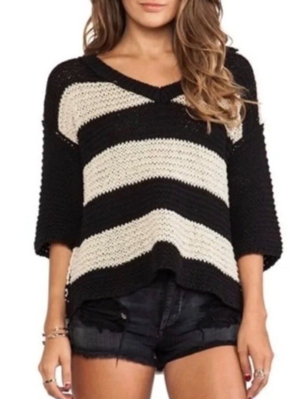 Free People Park Slope Sweater S Black Ivory Stripe Oversized